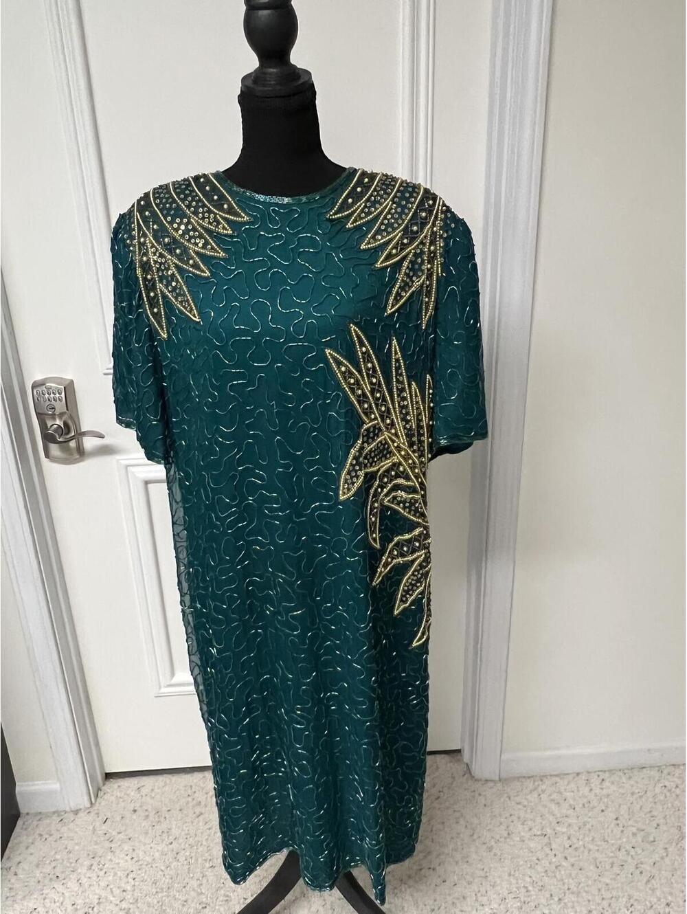 Vintage Laurence Kazar Silk Beaded Midi Dress Teal Gold Evening Party Size L XL